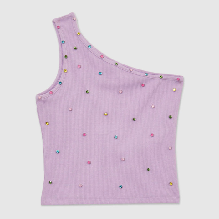 Top monospalla con strass