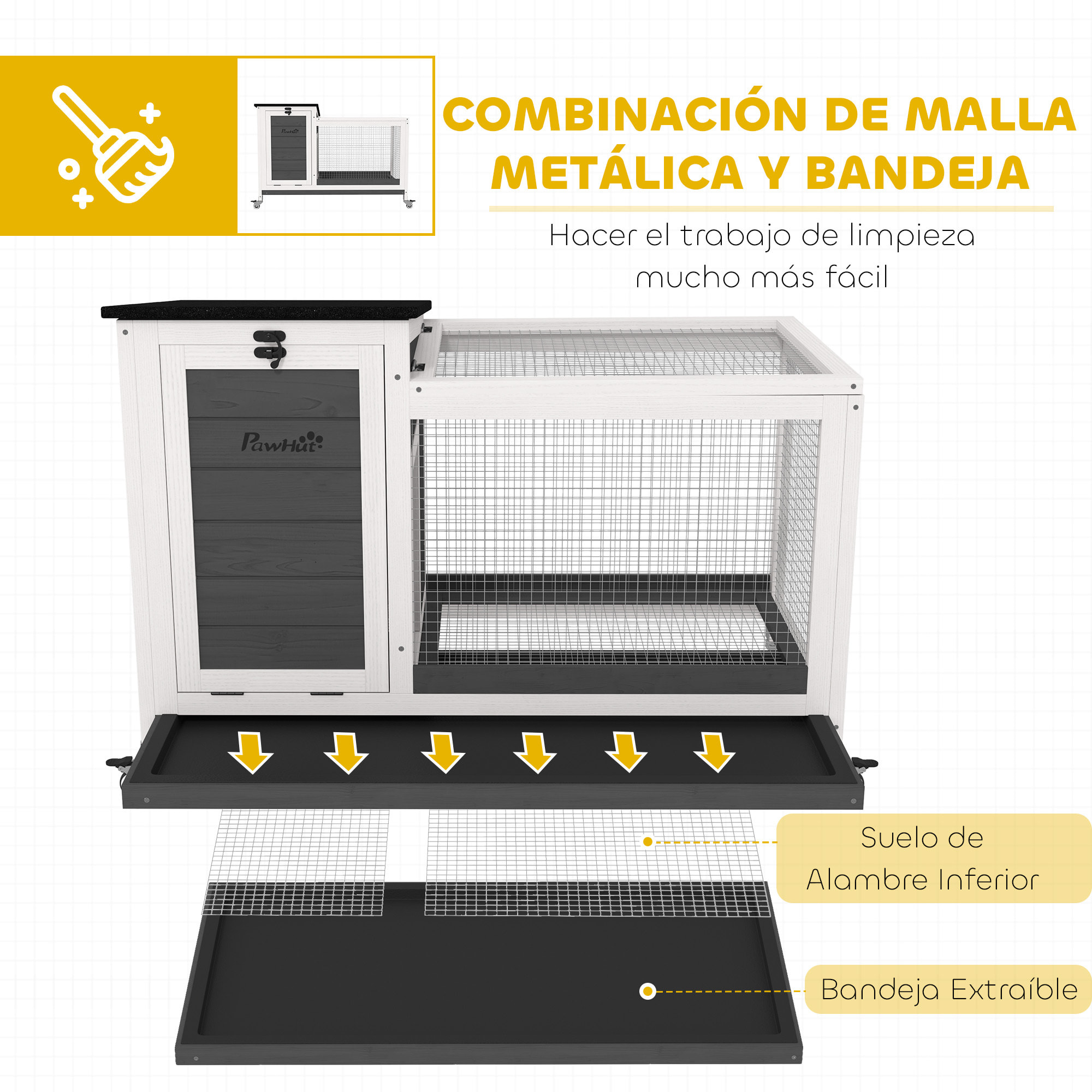 Conejera de Madera con Ruedas Jaula para Conejos con Techo Asfáltico Abatible Ventana Móvil y Bandeja Extraíble Conejera para Interior y Exterior 91x51x66 cm Blanco y Gris Oscuro