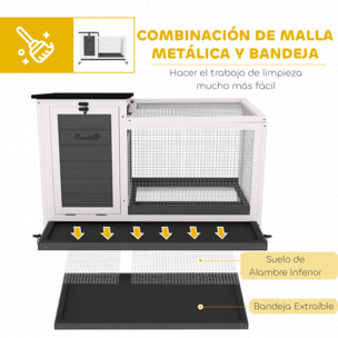 Conejera de Madera con Ruedas Jaula para Conejos con Techo Asfáltico Abatible Ventana Móvil y Bandeja Extraíble Conejera para Interior y Exterior 91x51x66 cm Blanco y Gris Oscuro