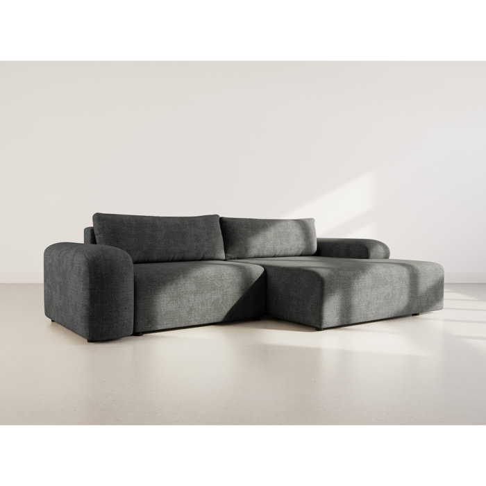 Rebecca - canapé d'angle droit 4 places convertible avec coffre en velours texturé - Gris Anthracite