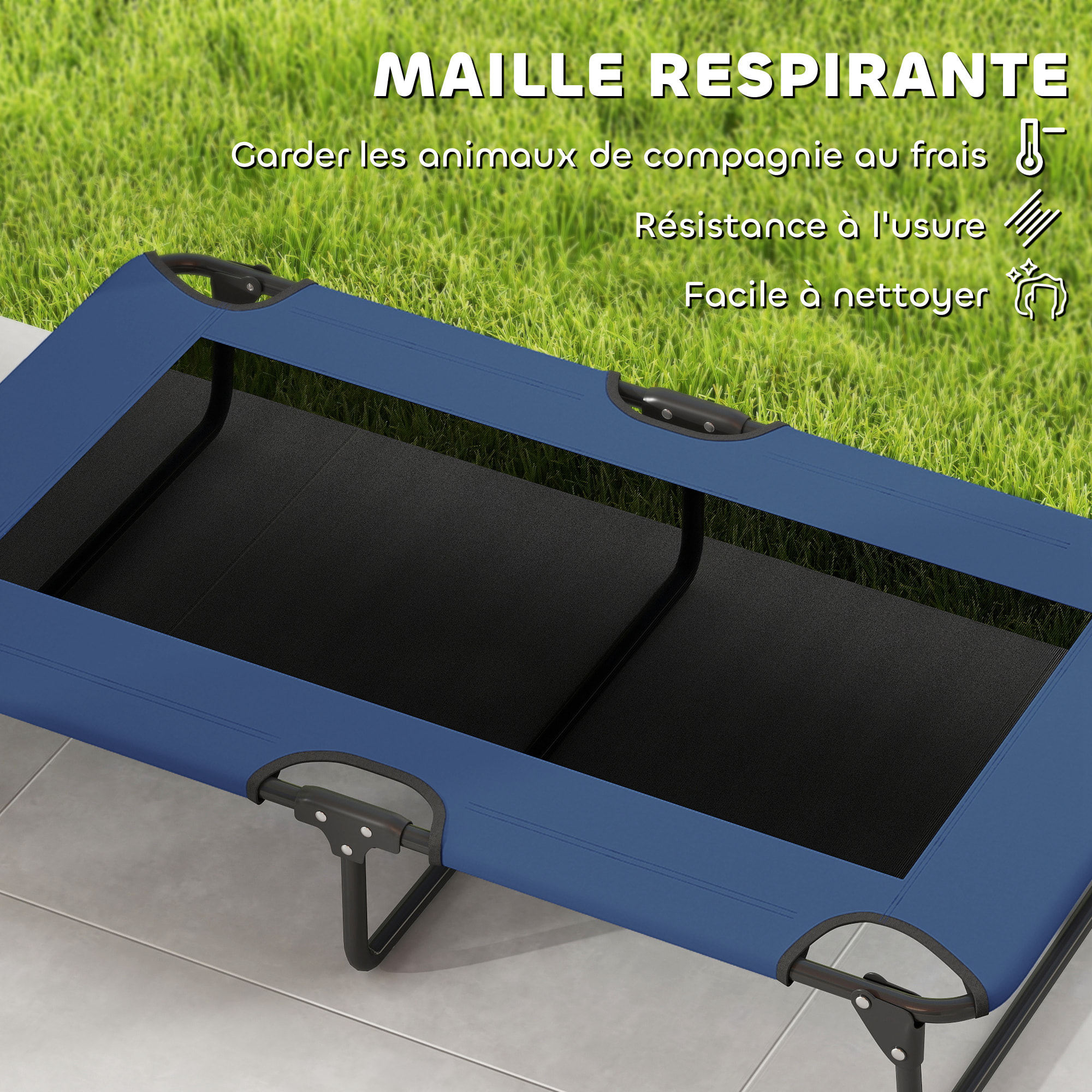 Transat pour animaux pliable - lit pour chien - lit à pieds pour chien dim. 107 x 61 x 20 cm - bleu