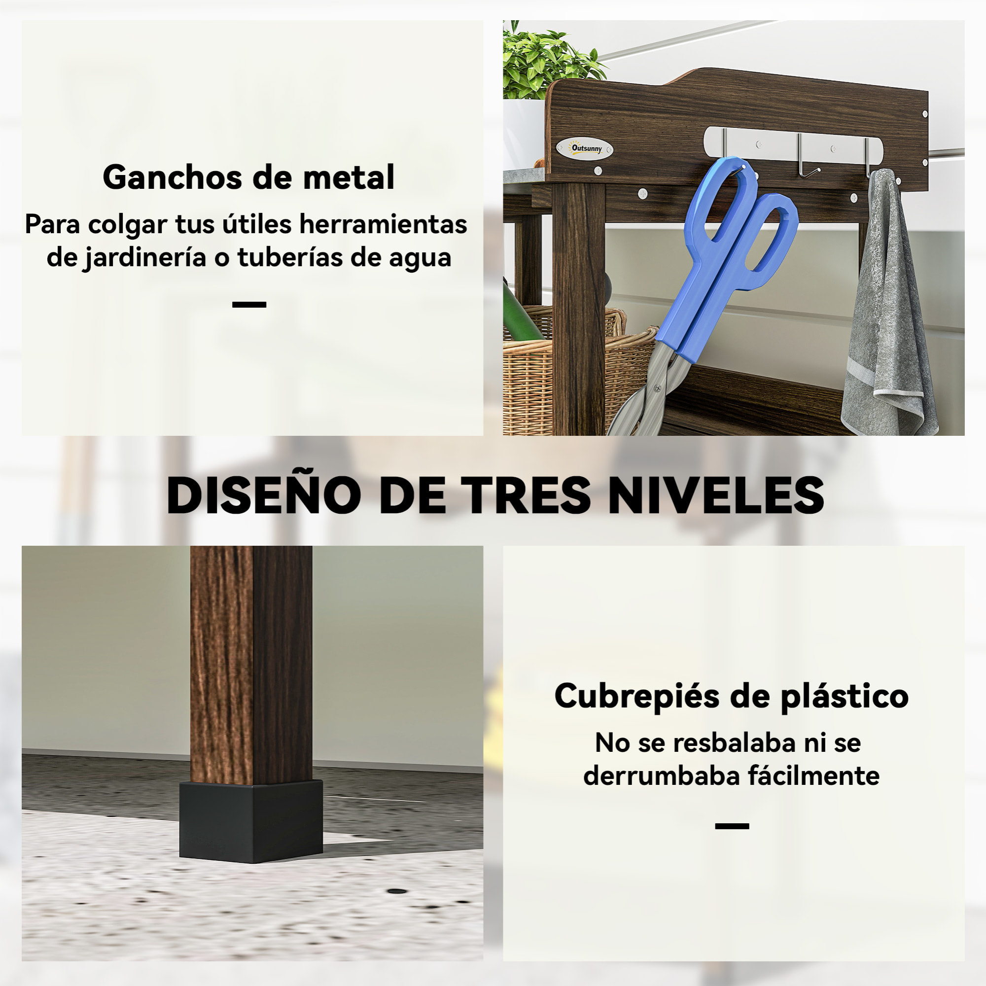 Mesa de Plantación de Madera de 3 Niveles, Mesa de Jardinería con Placa Metálica, 2 Estantes y Ganchos, Resistente a la Intemperie, para Jardín, Terraza, Balcón, 76x37x89 cm, Carbonizado