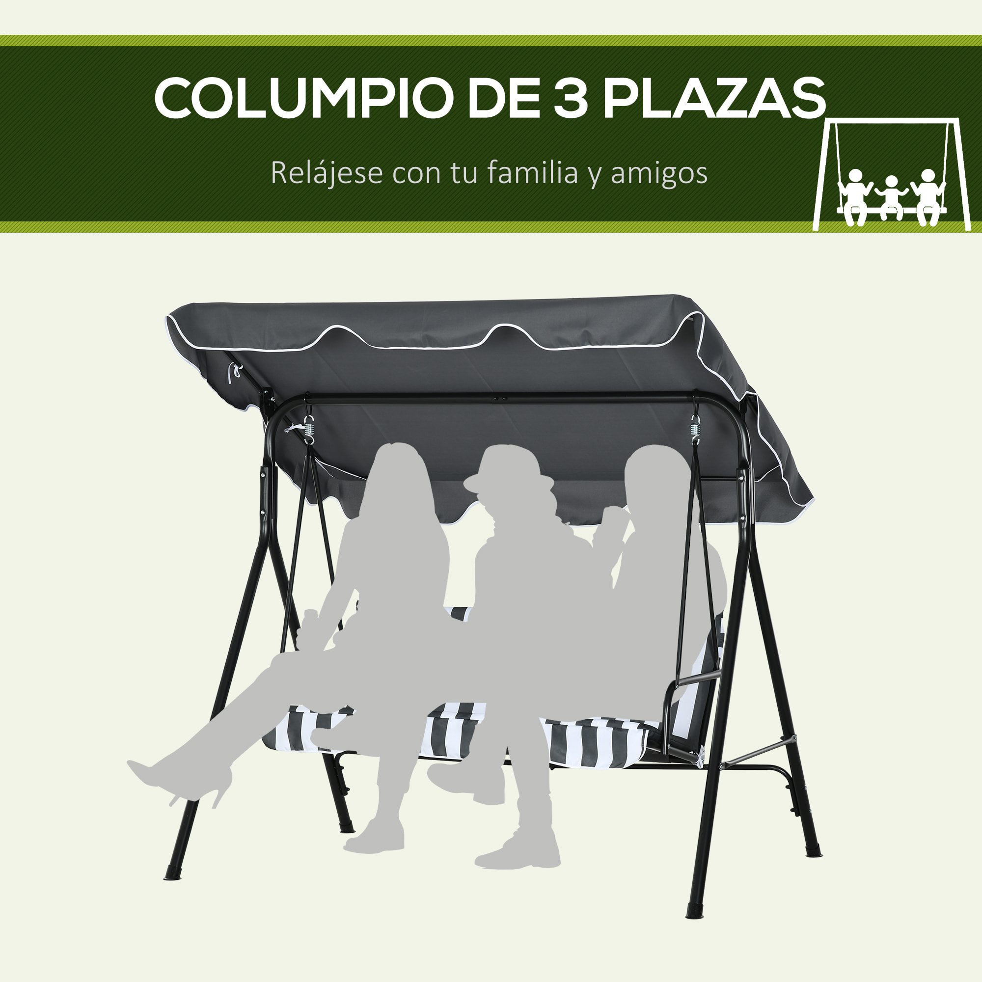 Columpio de Jardín Exterior de 3 Plazas, Balancín de Jardín Exterior con Techo Ajustable y Marco de Acero, para Balcón, Terraza, Patio, Carga 240 kg, 172x110x153 cm, Gris y Blanco