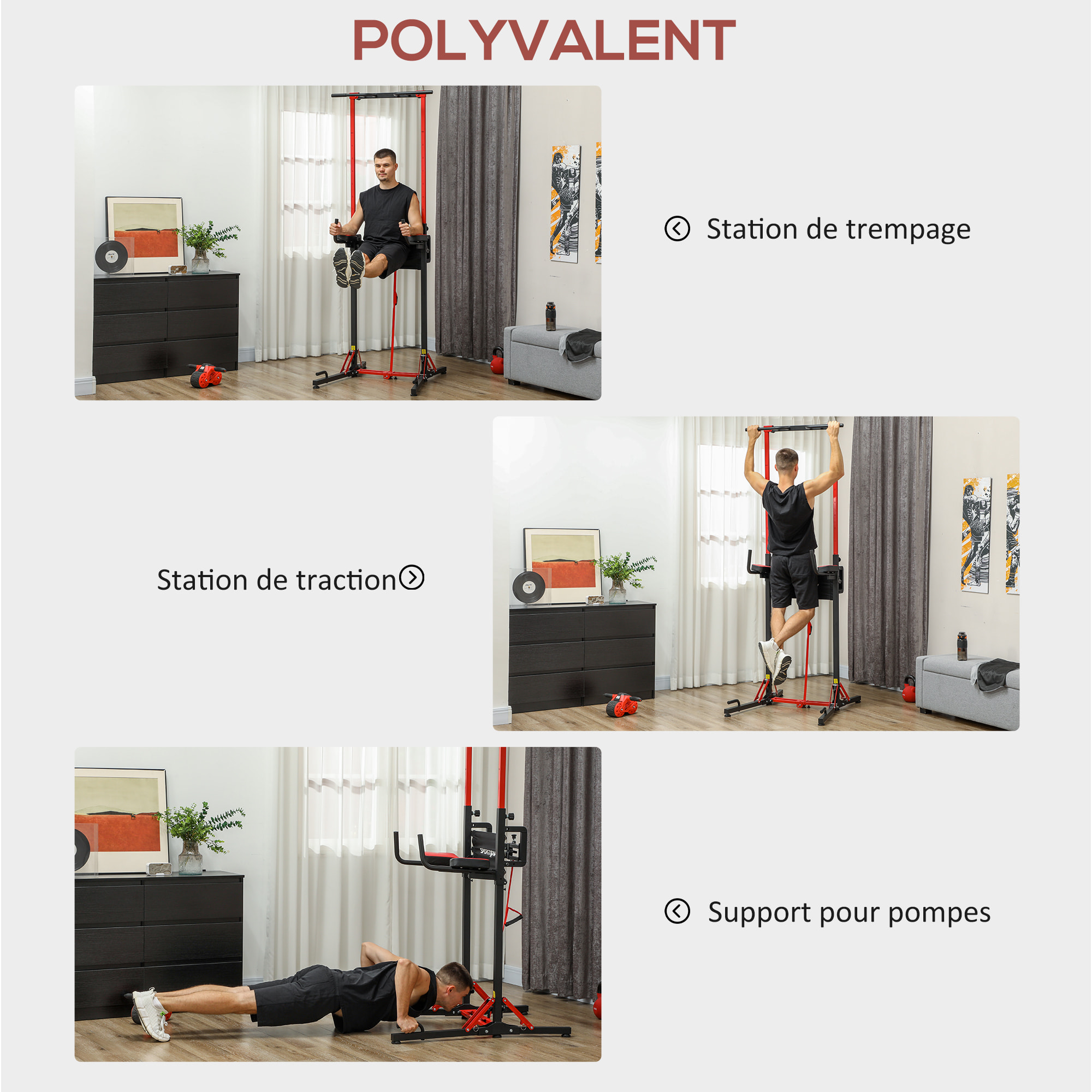 Station de traction musculation pliable réglable - station de dips - chaise romaine - acier rouge noir