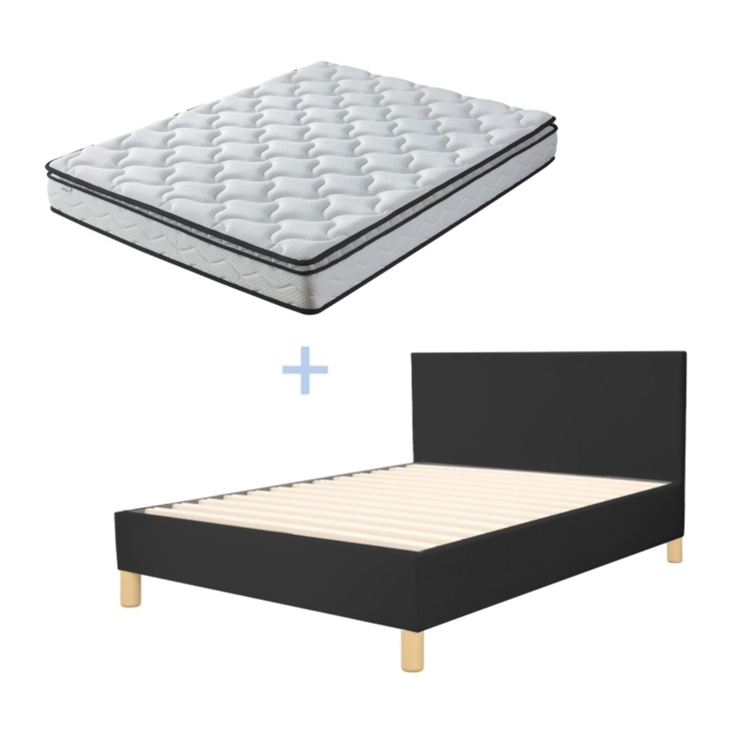 Ensemble Lit avec tête de lit & matelas | Mémoire de forme avec surmatelas intégré | Cadre à lattes | Simili cuir | Blanc