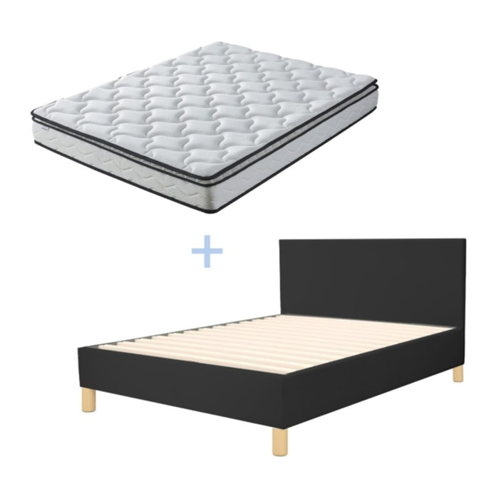 Ensemble Lit avec tête de lit & matelas | Mémoire de forme avec surmatelas intégré | Cadre à lattes | Simili cuir | Blanc