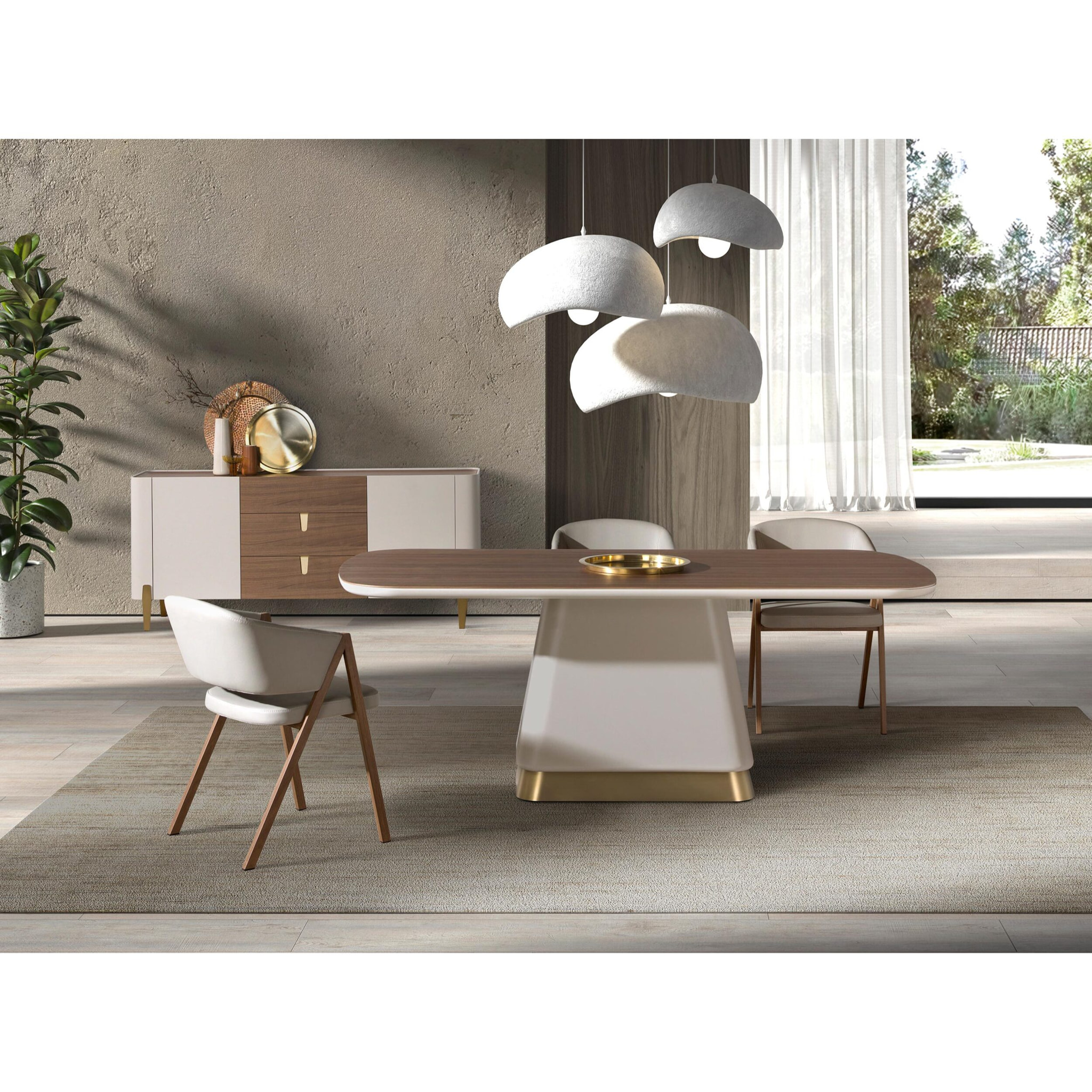 Mesa comedor rectangular con tapa fija de madera chapada en nogal natural patas de madera de MDF en beige y base de acero inoxidable pulido en dorado 200x95x76cm