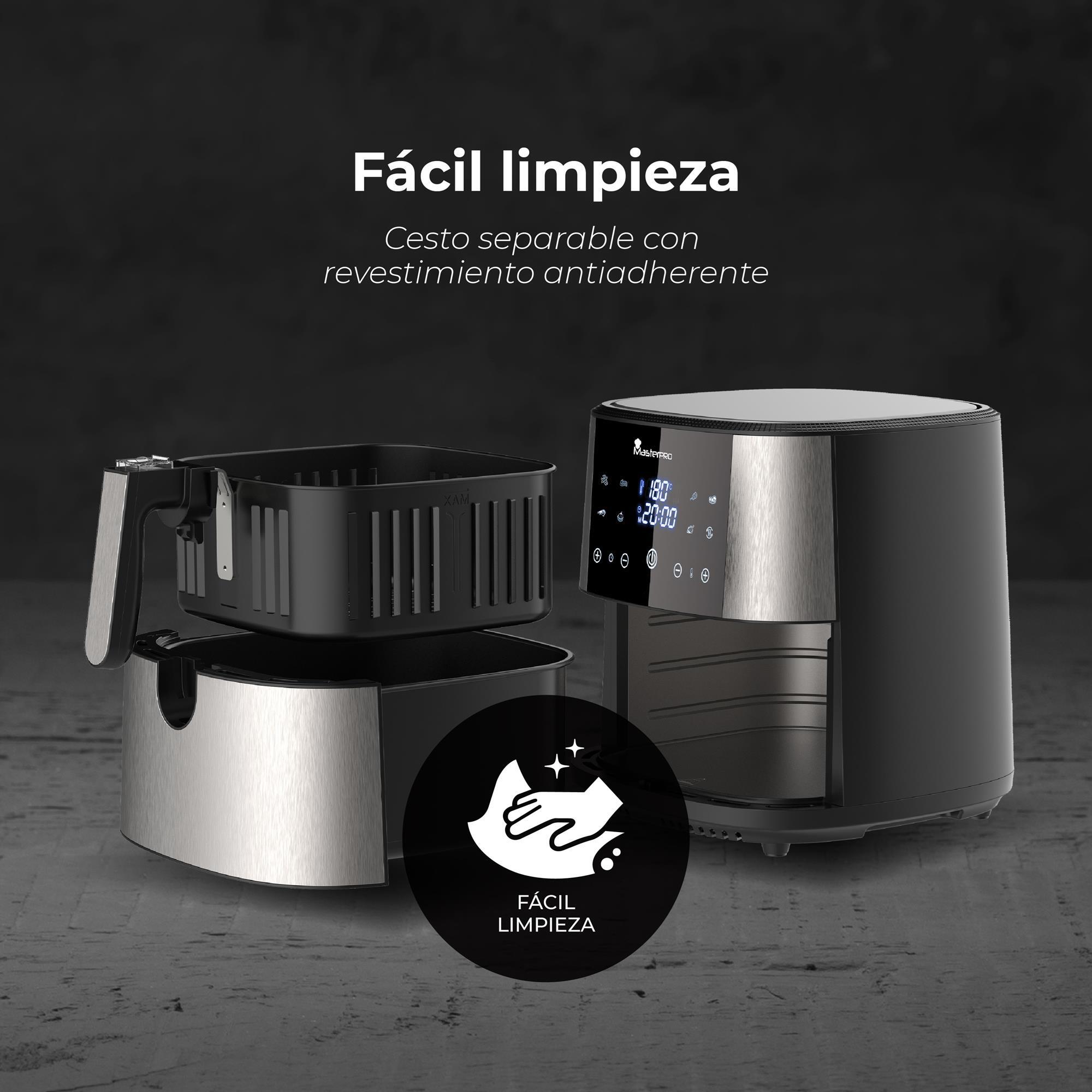 Freidora de aire sin aceite con capacidad de 6l y 1800w de potencia con pantalla led táctil con 8 funciones diferentes masterpro