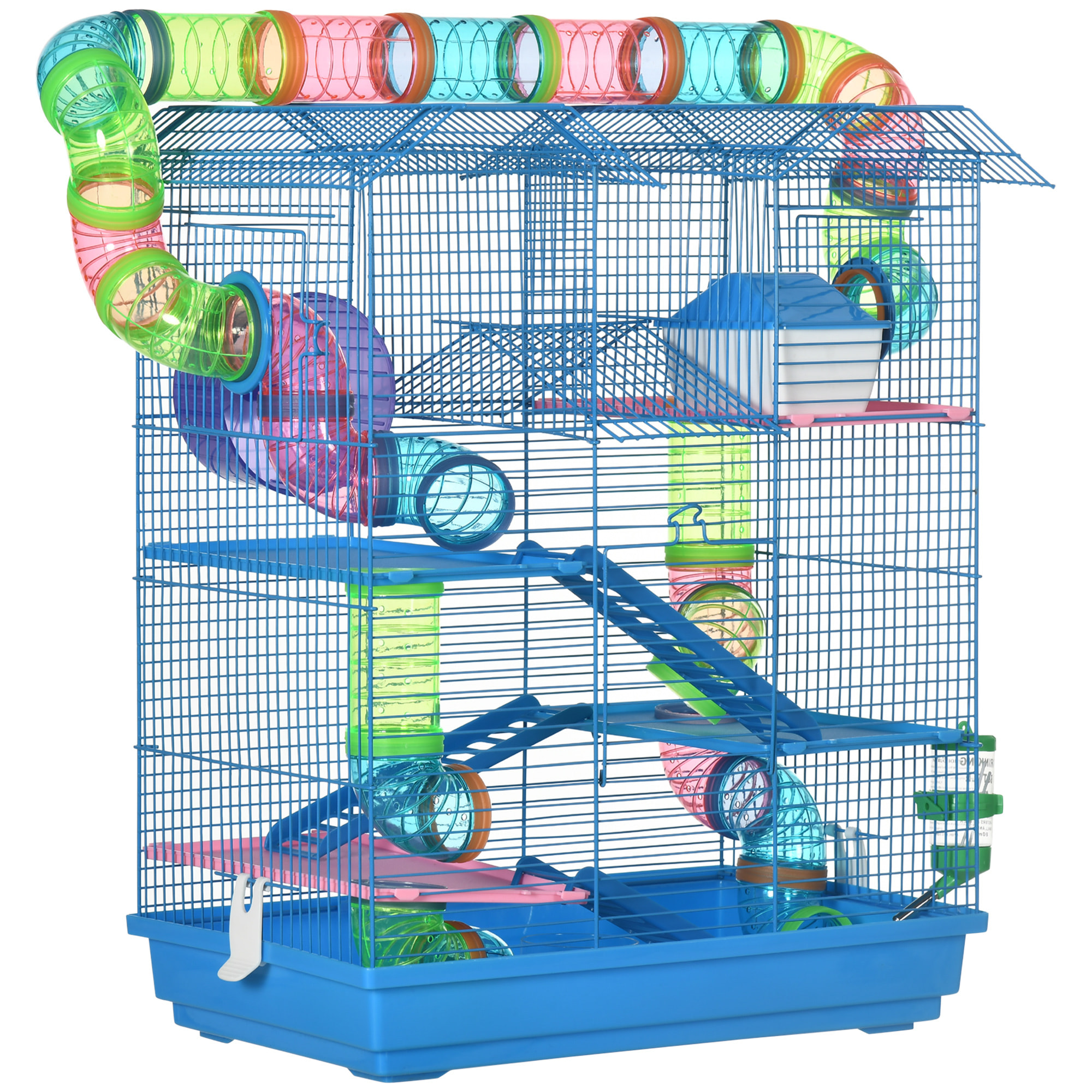 Jaula para Hámster Hábitat para Animales Pequeños de Múltiples Niveles con 4 Plataformas Bebedero Rueda de Ejercicio Escaleras Sistema de Tubos 47x30x59 cm Azul