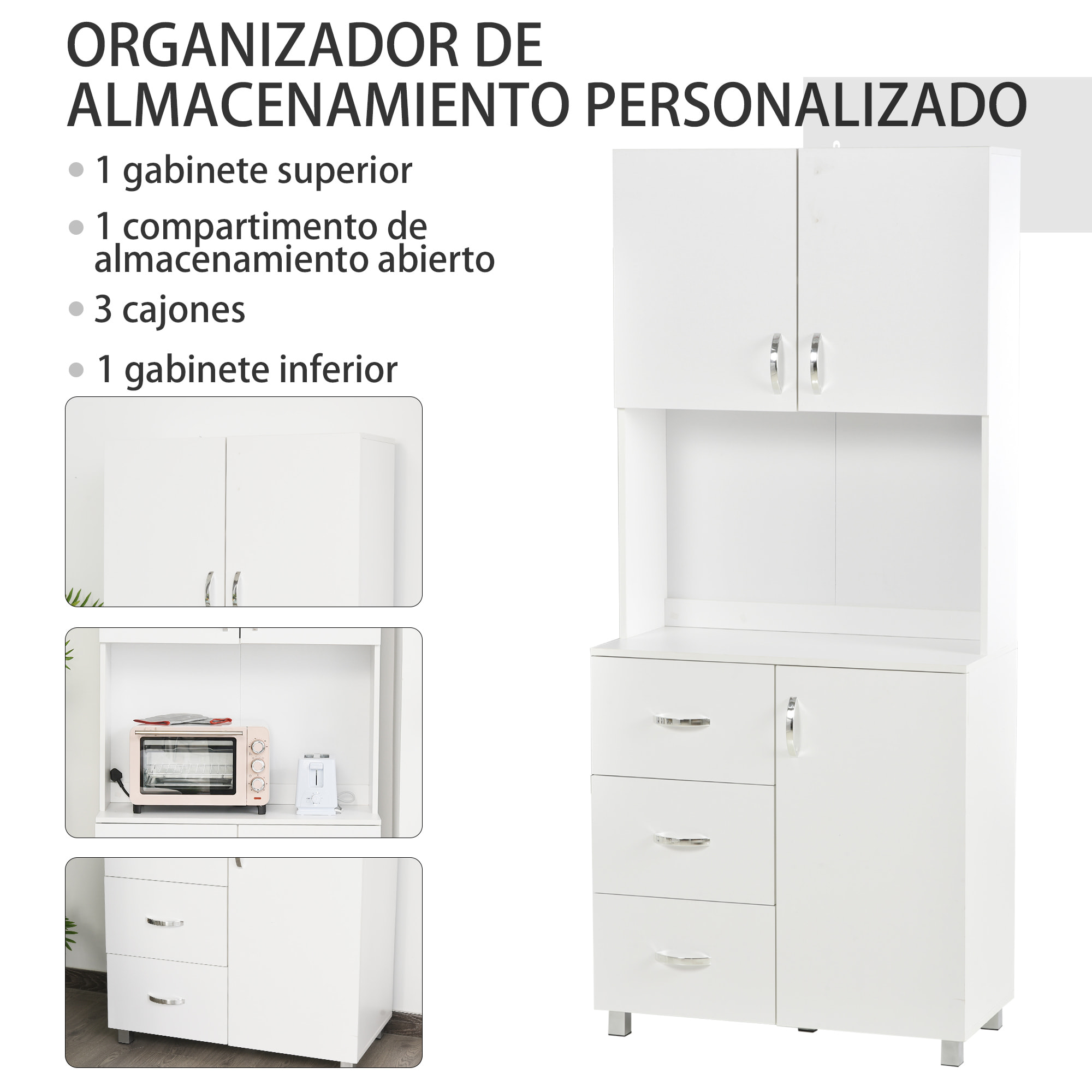 Armario Alacena de Cocina Alacena Alta con 3 Cajones 3 Puertas y Estantes Interiores Ajustables Mueble Auxiliar para Comedor Salón 80x39,5x183,5 cm Blanco