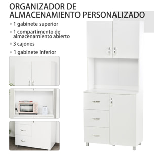 Armario Alacena de Cocina Alacena Alta con 3 Cajones 3 Puertas y Estantes Interiores Ajustables Mueble Auxiliar para Comedor Salón 80x39,5x183,5 cm Blanco