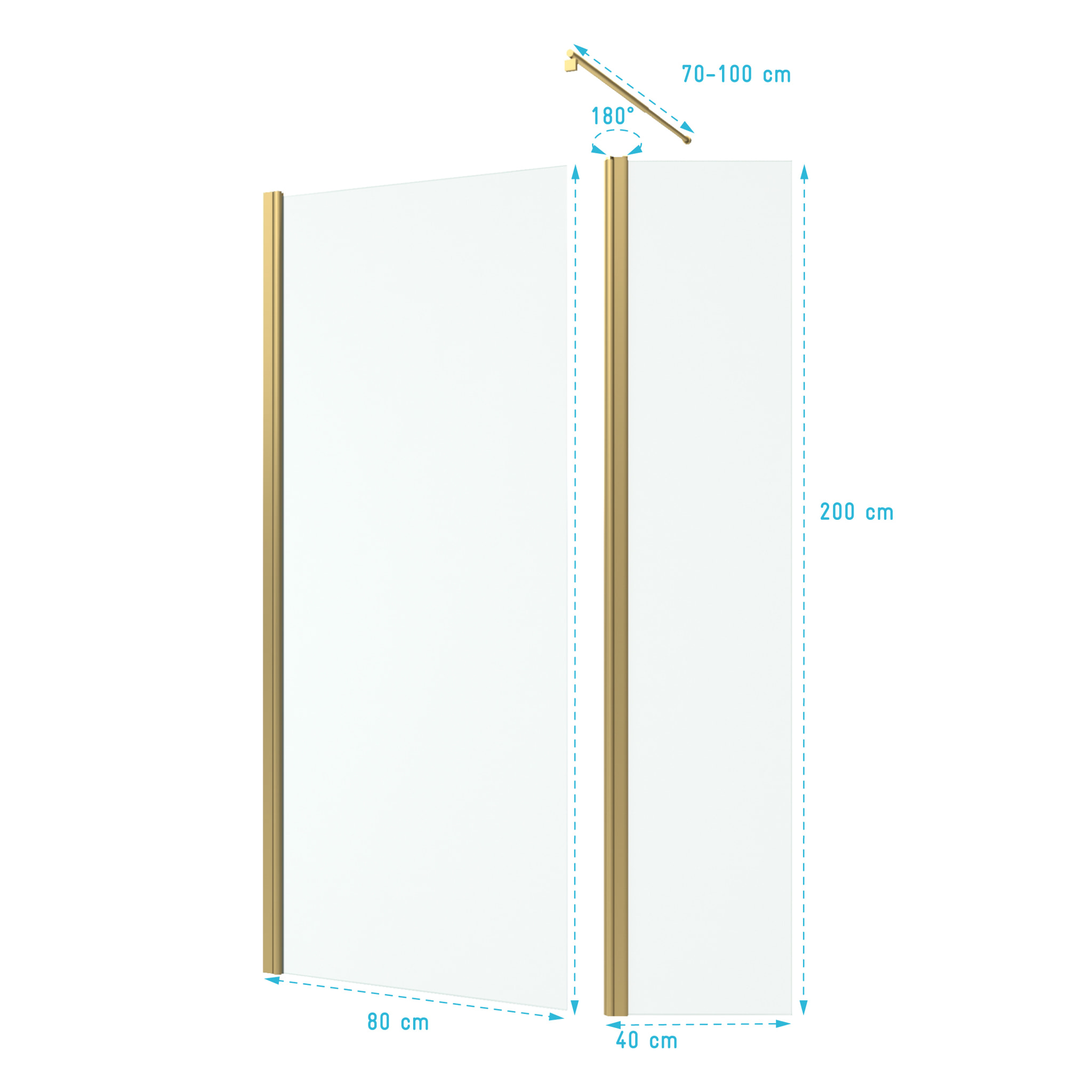 Paroi de Douche et Volet Pivotant 80+40x200 cm - Profilé + Barre de Fixation Or Doré Brossé
