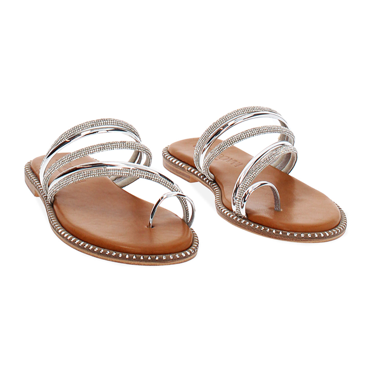 Sandalias bajos mujer plata espejo con piedras