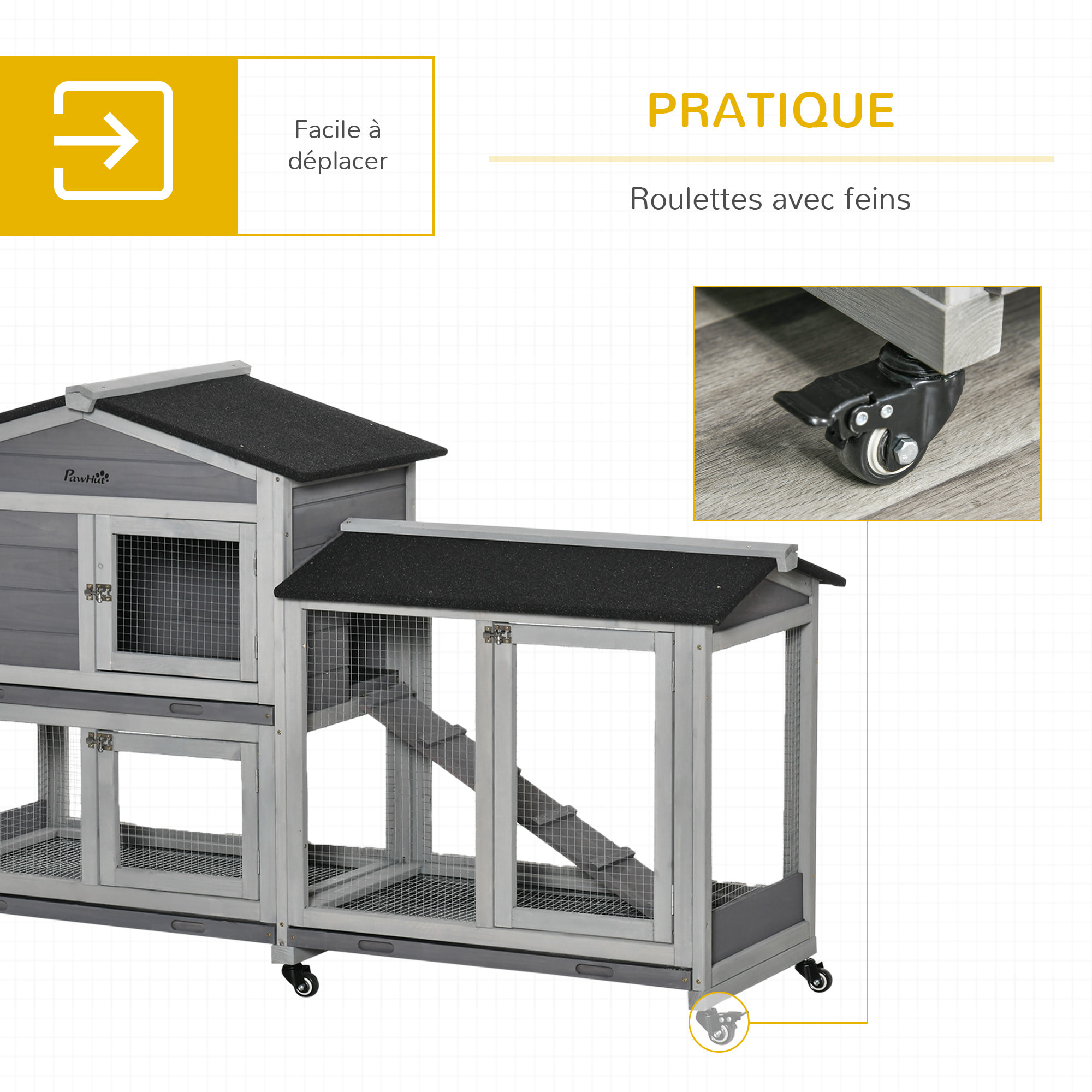 Clapier bois sur roulettes 2 niv. 3 plateaux déjections coulissants sapin gris pré-huilé