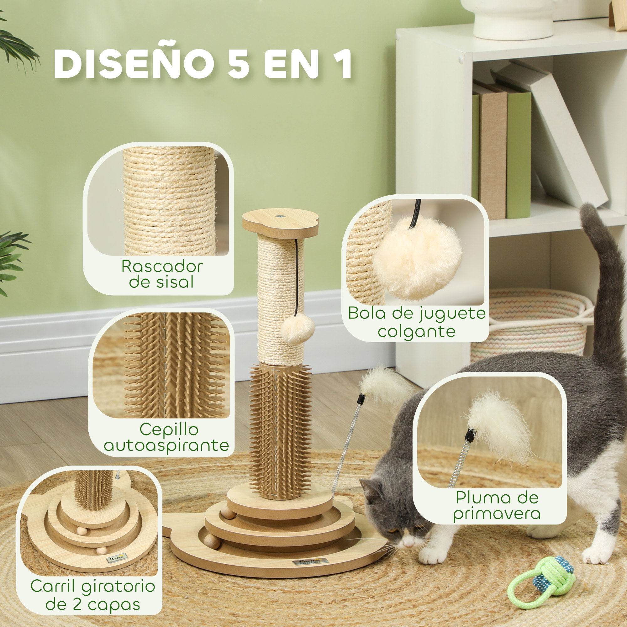 Poste Rascador para Gatos 49 cm Arañador para Gatos con Poste de Sisal Cepillo Carril Giratorio con Bolas de Juego Pluma Elástica y Bola de Juguete Roble