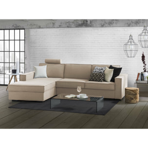 Divano letto con penisola Albenga, Sofà apertura girevole, Penisola contenitore Sinistra, Braccioli slim, 100% Made in Italy, Cm 260x95h90, Beige