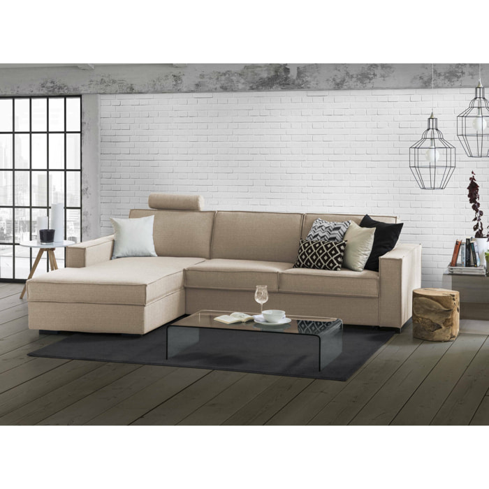 Divano letto con penisola Albenga, Sofà apertura girevole, Penisola contenitore Sinistra, Braccioli slim, 100% Made in Italy, Cm 260x95h90, Beige