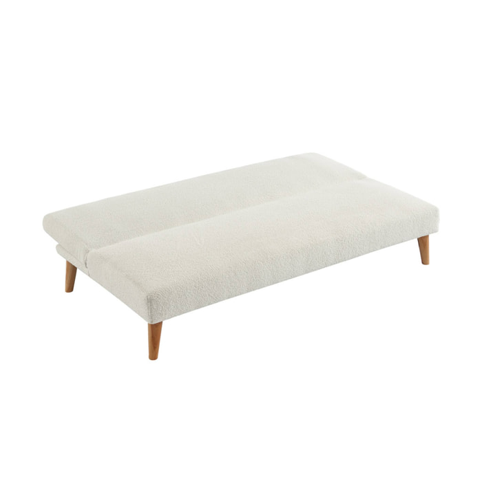 Canapé banquette convertible 3 places bouclette blanche piètement bois d'hévéa L 180 x P 100 x H 74.5 cm - Tom