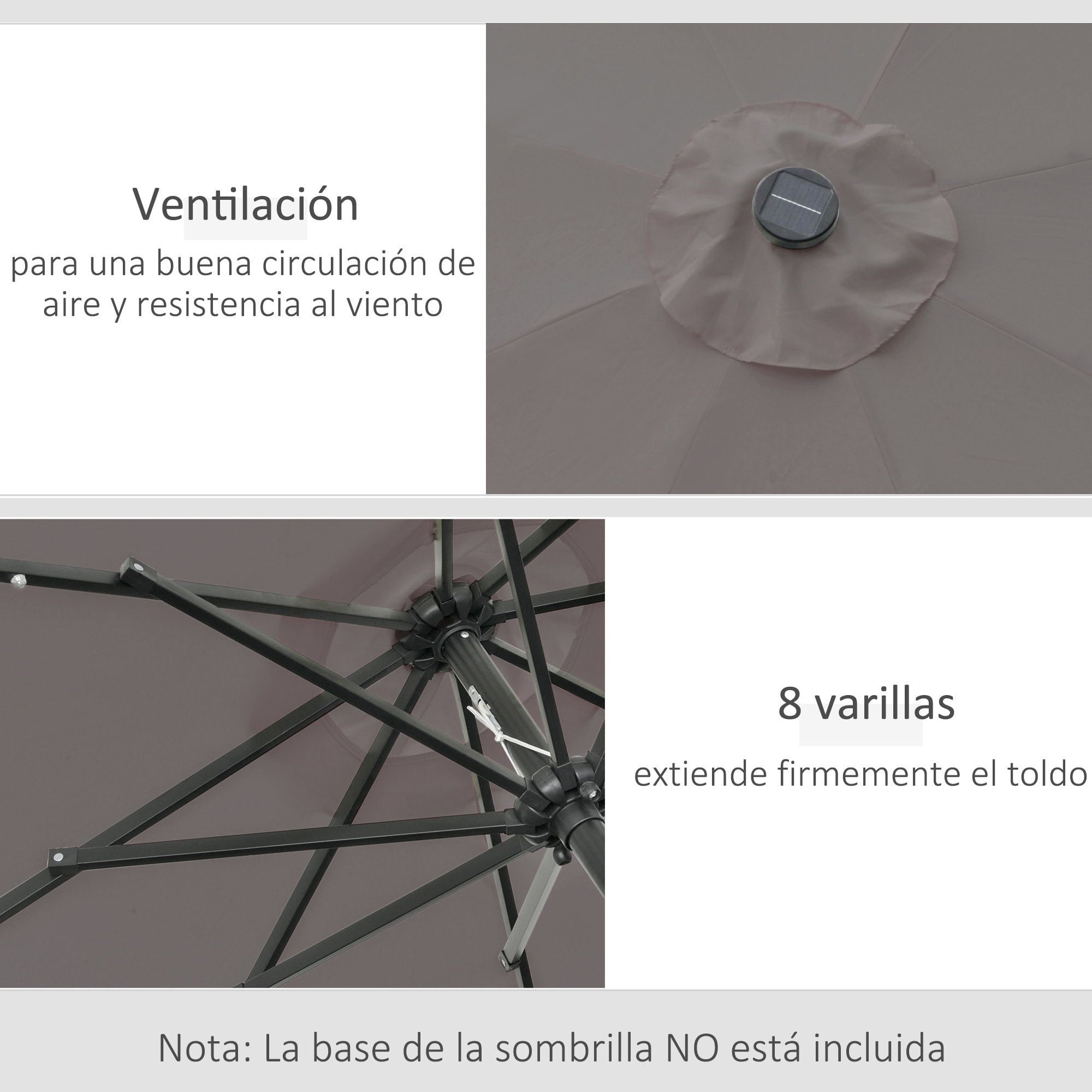 Sombrilla de Jardín con 32 Luces LED Solares Ø265x233 cm Parasol Inclinable con Manivela y Poste de Acero para Terraza Patio Exterior Gris