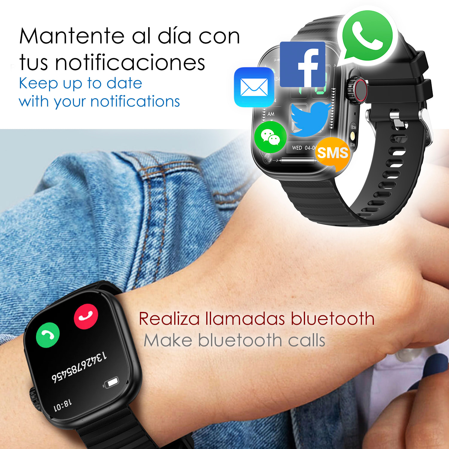 DAM Smartwatch ZW39 con notificaciones de Apps, llamadas Bluetooth. Monitor de tensión y oxígeno en sangre. 3,7x1,1x4,7 Cm. Color: Negro