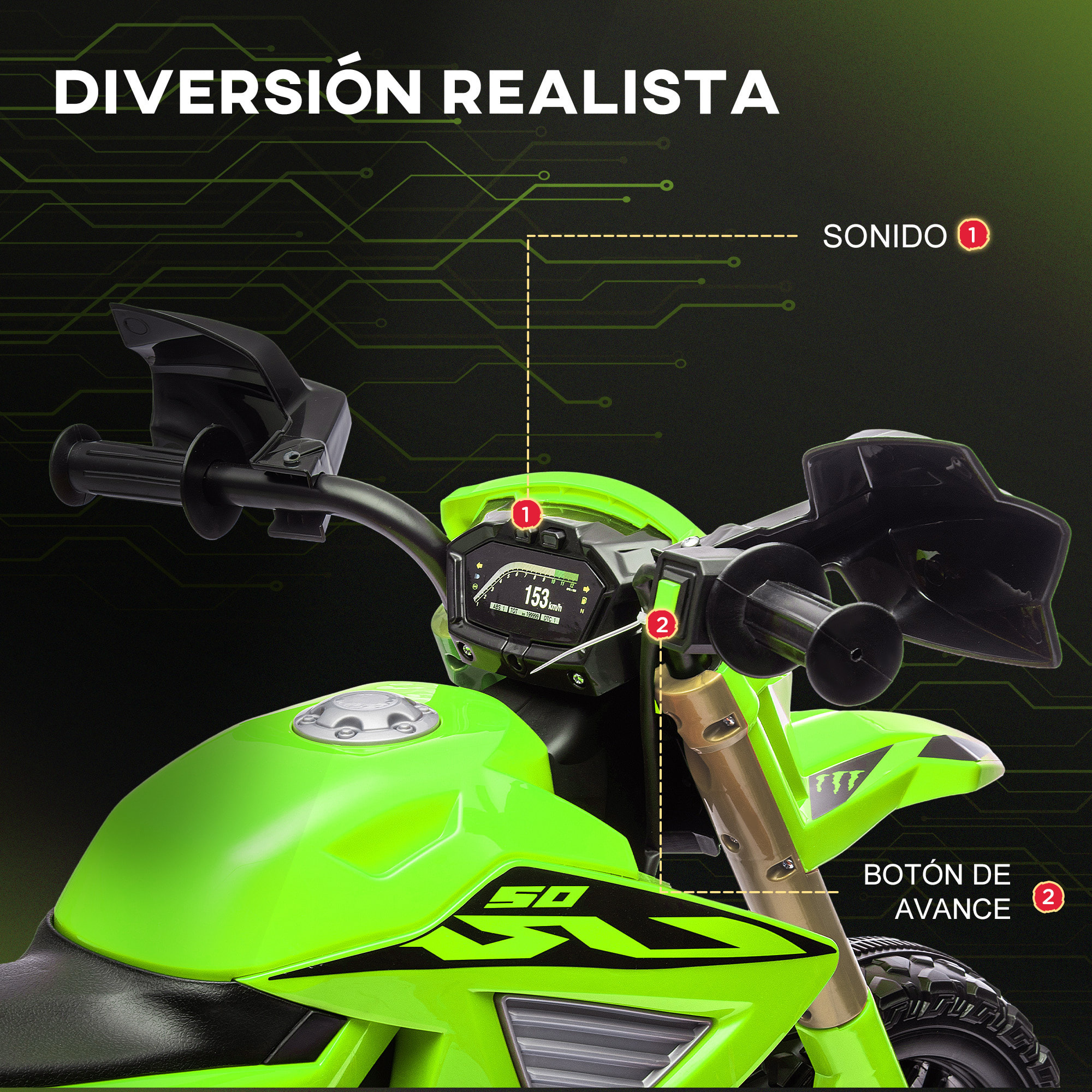 Moto Eléctrica para Niños de +3 Años Moto de Batería 12V para Niños con Ruedas de Entrenamiento Acelerador en Puño y Bocina Carga 30 kg Verde