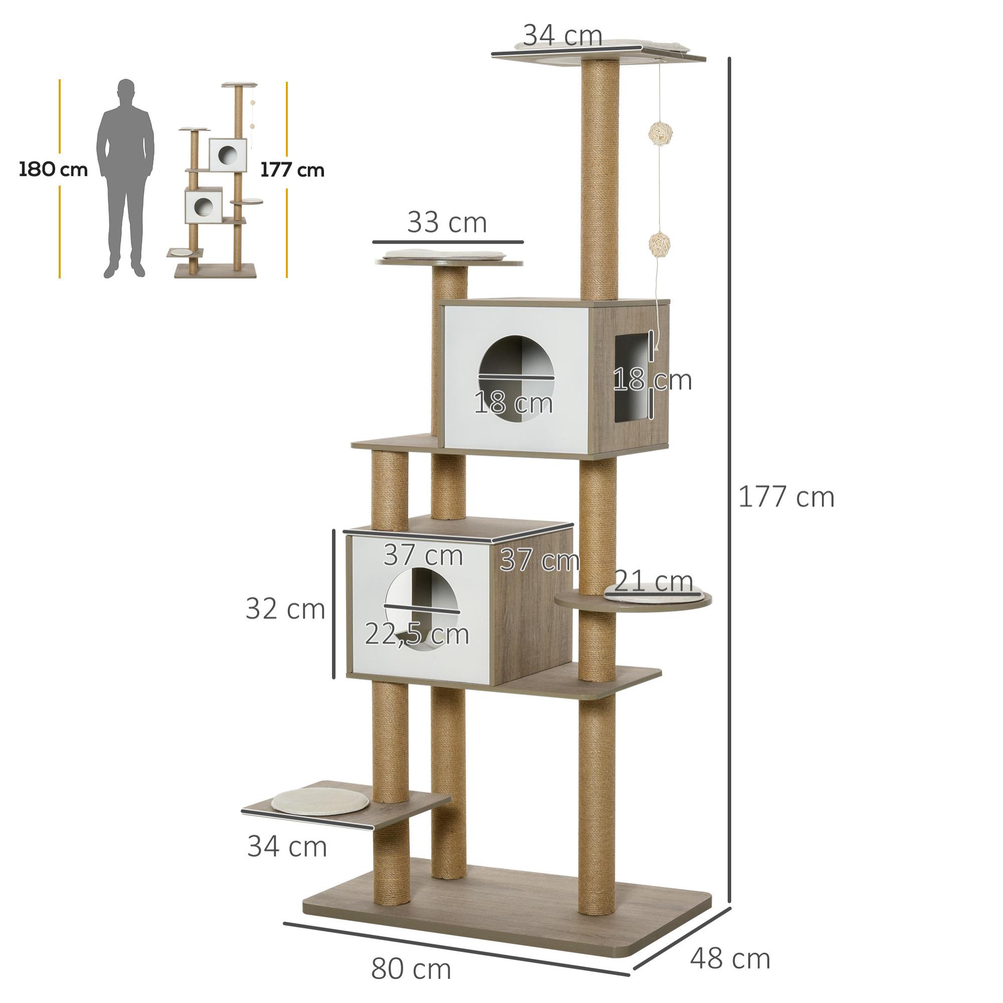 Árbol Rascador para Gatos Altura 177cm Cueva Juguete Colgante Blanco y Marrón