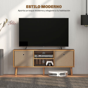 Mueble de TV, Mesa de TV con 2 Cajones de Tela, 2 Estantes Abiertos, Orificios para Cables, para Televisores hasta 50 Pulgadas, Largo de 110 cm, para Salón, Dormitorio, Madera y Marrón
