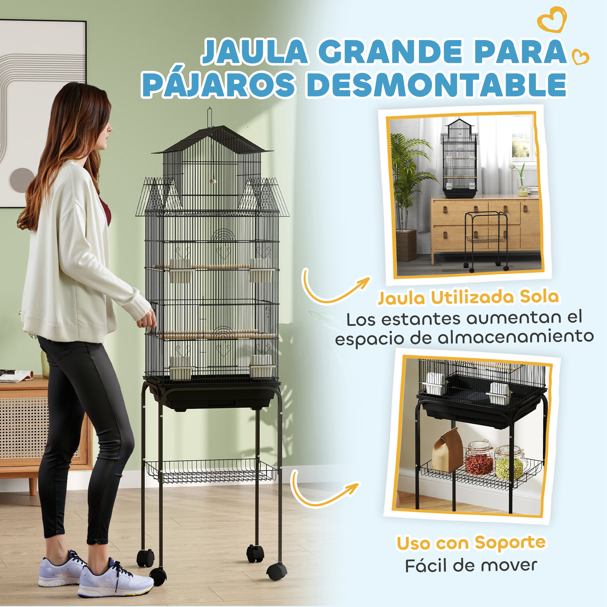 Jaula para Pájaros con Ruedas Pajarera de Acero con Comederos Perchas Columpio y Bandeja Extraíble Jaula Grande para Loros Canario Periquito 50,5x41x163 cm Negro