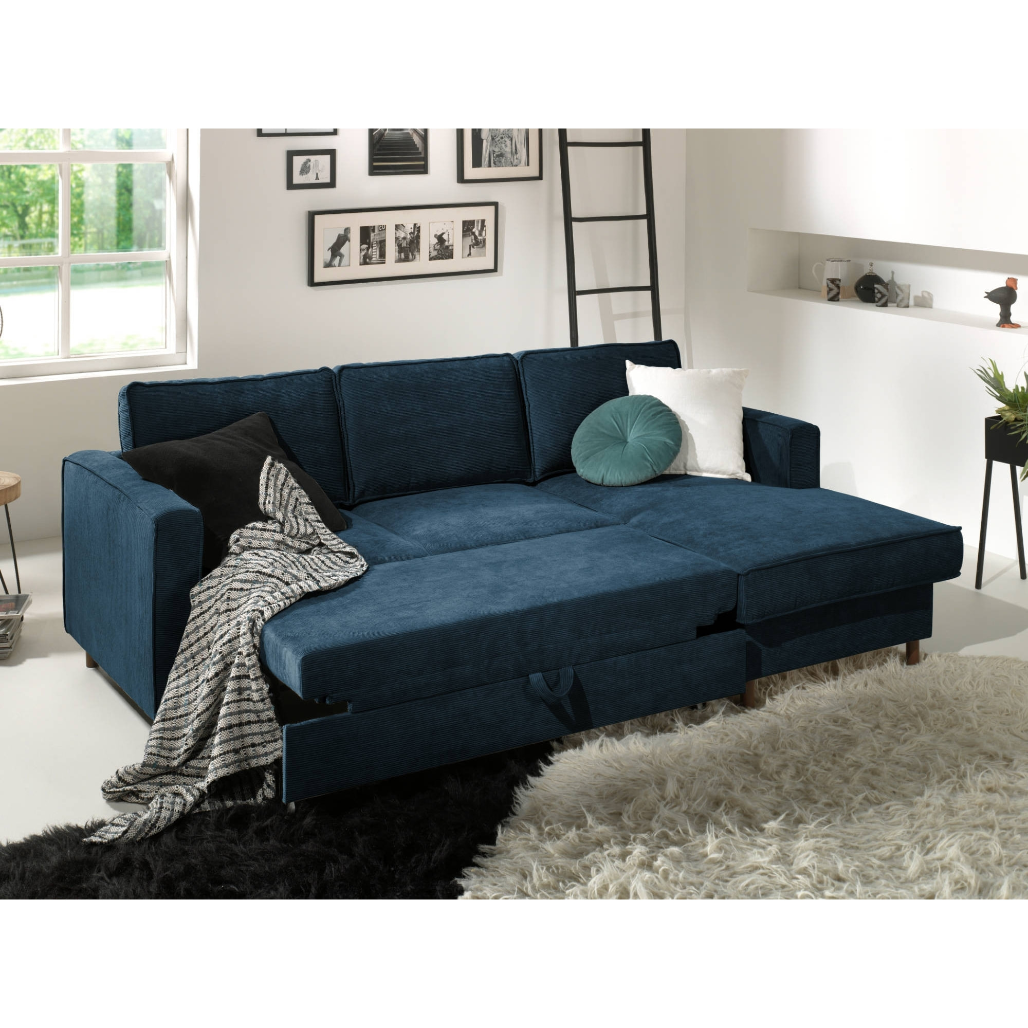 Jake - canapé d'angle droit - convertible avec coffre - 4 places - en velours côtelé - Bleu Ardoise