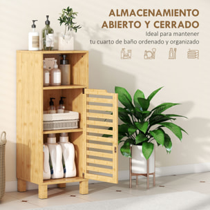 Armario de Baño de Bambú, Columna de Baño Estrecha con Estante Abierto, Puerta de Lamas, Estante Ajustable, 30x30x80 cm, Natural
