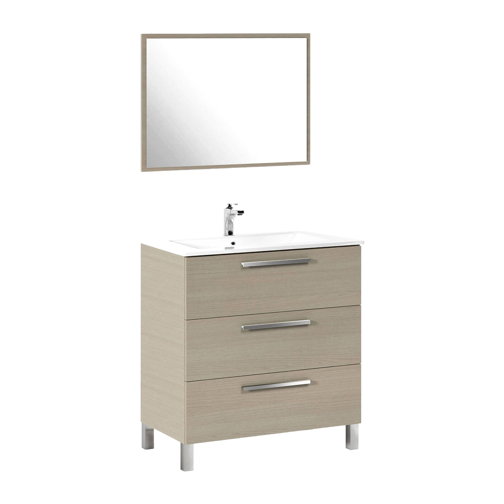 Mobile sottolavabo Palmdale, Mobiletto per bagno, Armadio a 3 cassetti e specchio, lavabo non incluso, cm 80x45h86, Rovere