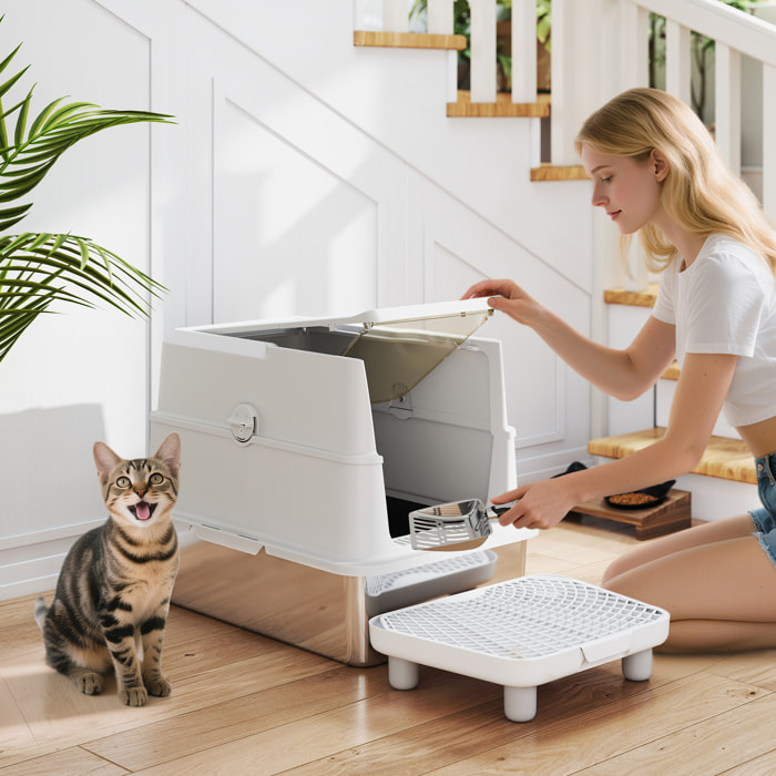 PawHut Arenero para Gatos de Acero Inoxidable XL, Caja de Arena Cerrada para Gatos Grandes, Arenero Extragrande con Tapa Abatible, Borde Alto, Pala Metálica, Fácil Limpiar, Antifugas, Gris Claro