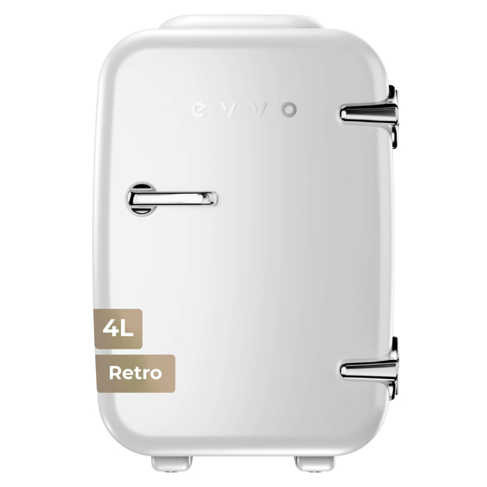 EVVO F4 Mini nevera retro blanca 4L, portátil 12V/220V, frío y calor, silenciosa, para cremas, maquillaje, coche, oficina.