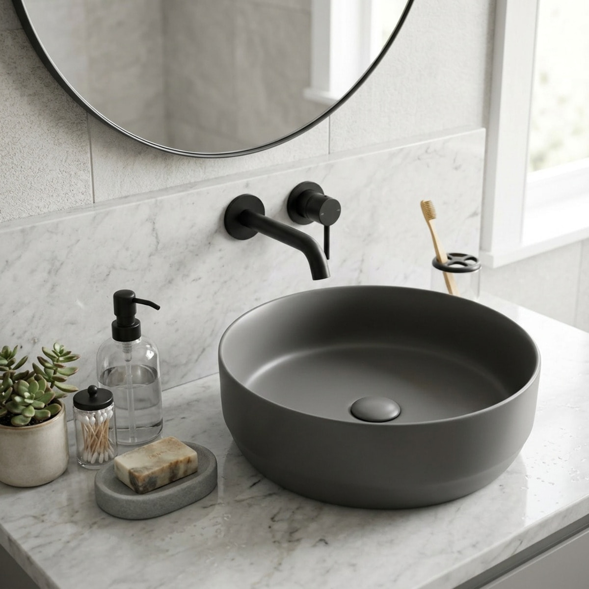 Vasque à poser ronde diamètre 39 cm - gris mat - sans trop-plein - SAT Infinitio