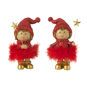 J-Line figurine Enfant Bonnet + Etoile Fourrure - polyrésine - rouge/or - large - 2 pcs