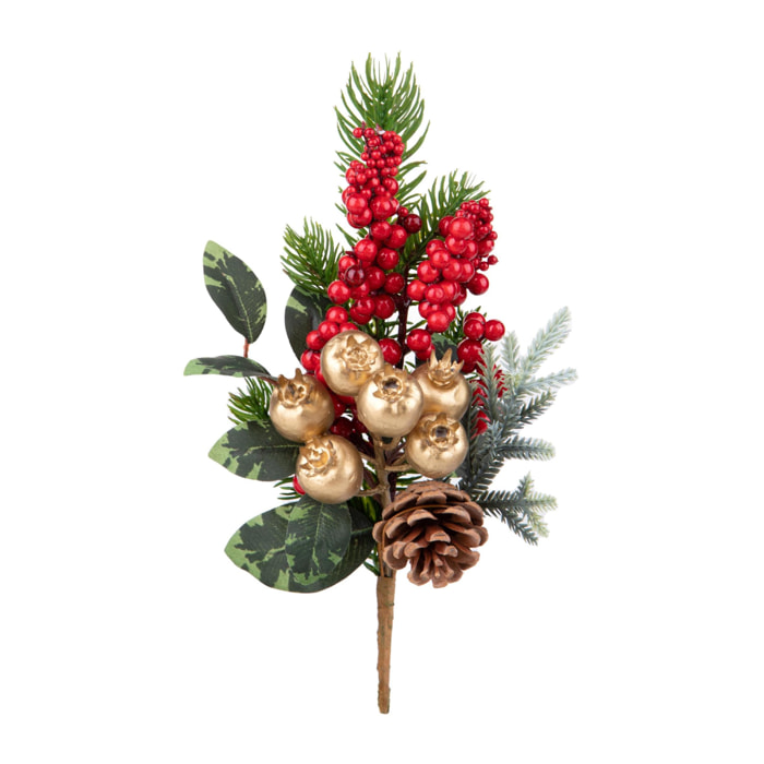 Ramo Pino H.26 Cm con Gold Berries - Pezzi 6 - Colore:Rosso - Bianchi Dino - -