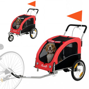 Remorque vélo jogger 2 en 1 pour animaux drapeau roue avant pivotante réflecteurs et barre d'attelage inclus rouge noir