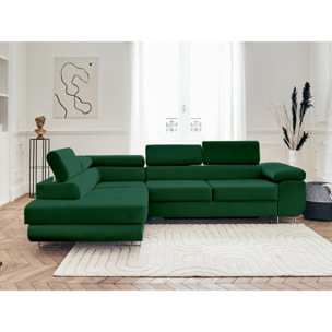 Pablo - canapé d'angle gauche - 5 places - convertible avec coffre et têtières réglables - en velours - Vert