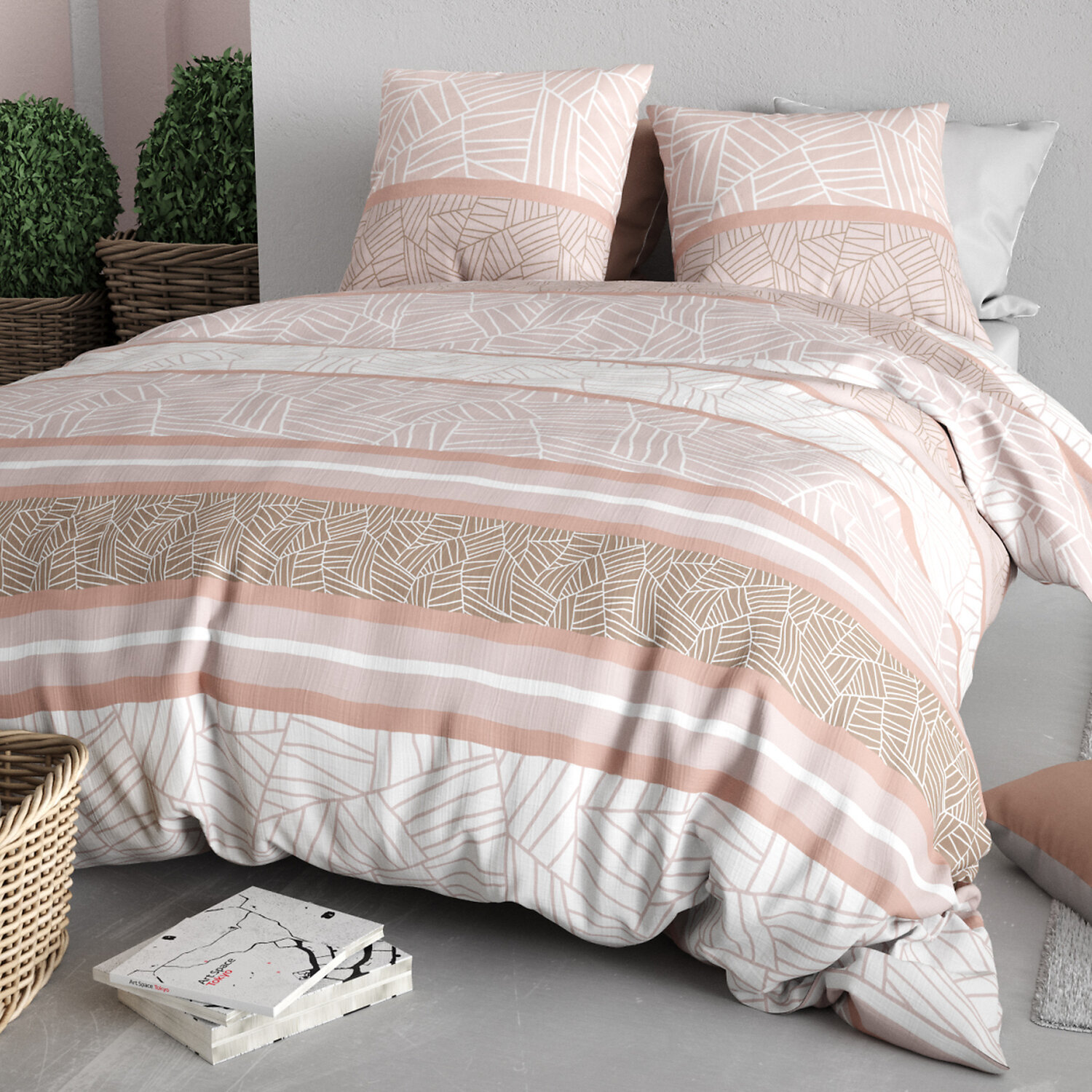 Parure housse de couette imprimé 100% coton - trine - blush