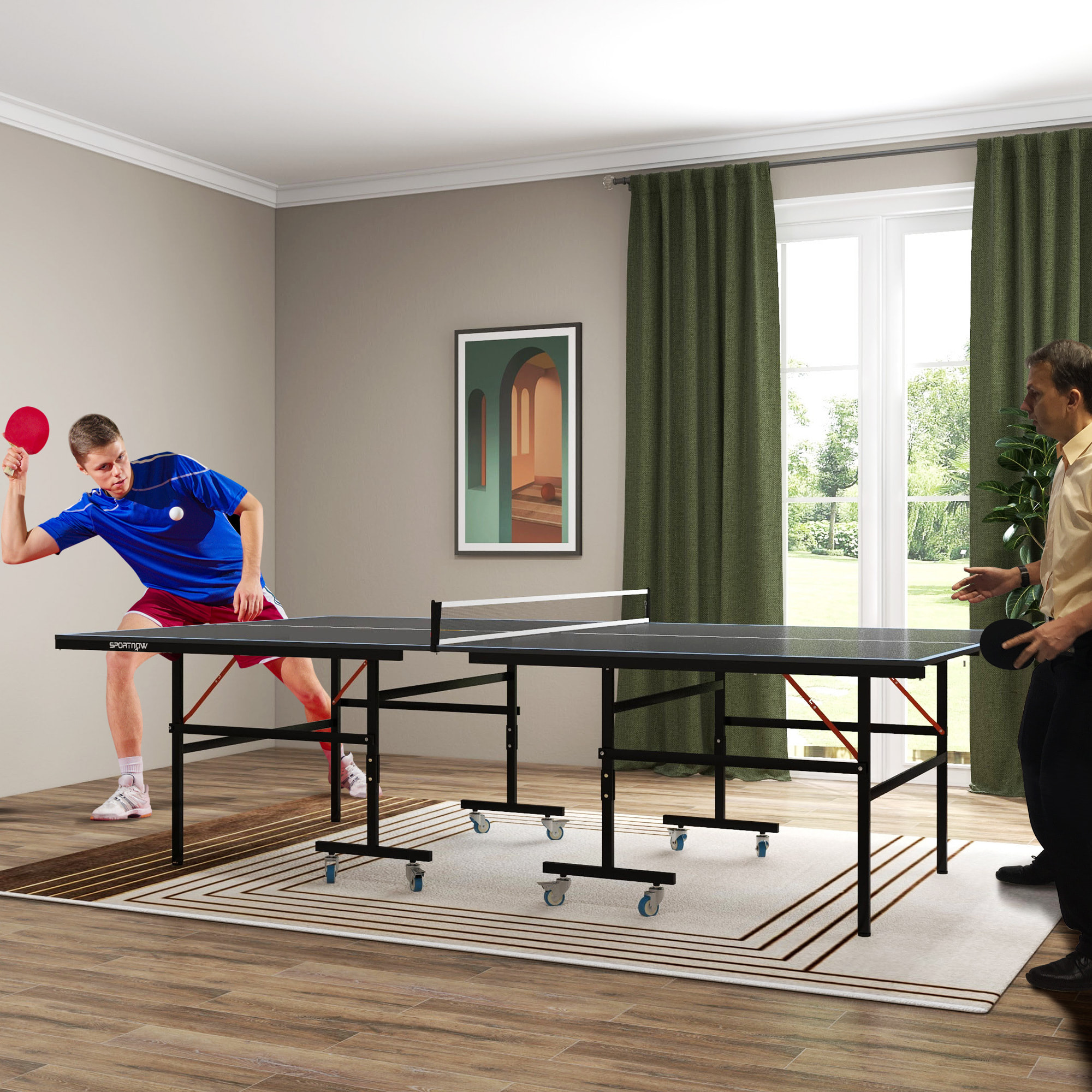 Table de ping pong tennis de table pliable 8 roues - filet, 2 raquettes, 3 balles inclus - noir gris