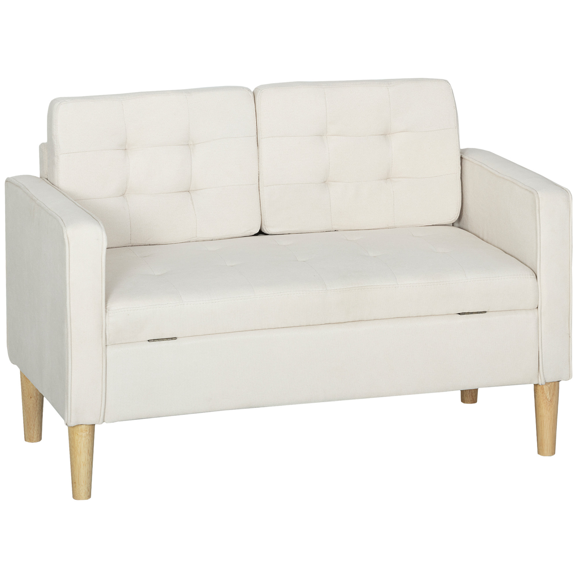 Sofá de 2 Plazas con Espacio de Almacenamiento, Sofá Moderno de Terciopelo con Patas de Madera, Respaldo Capitoné, para Salón, Dormitorio, Oficina, 117x62x78 cm, Crema