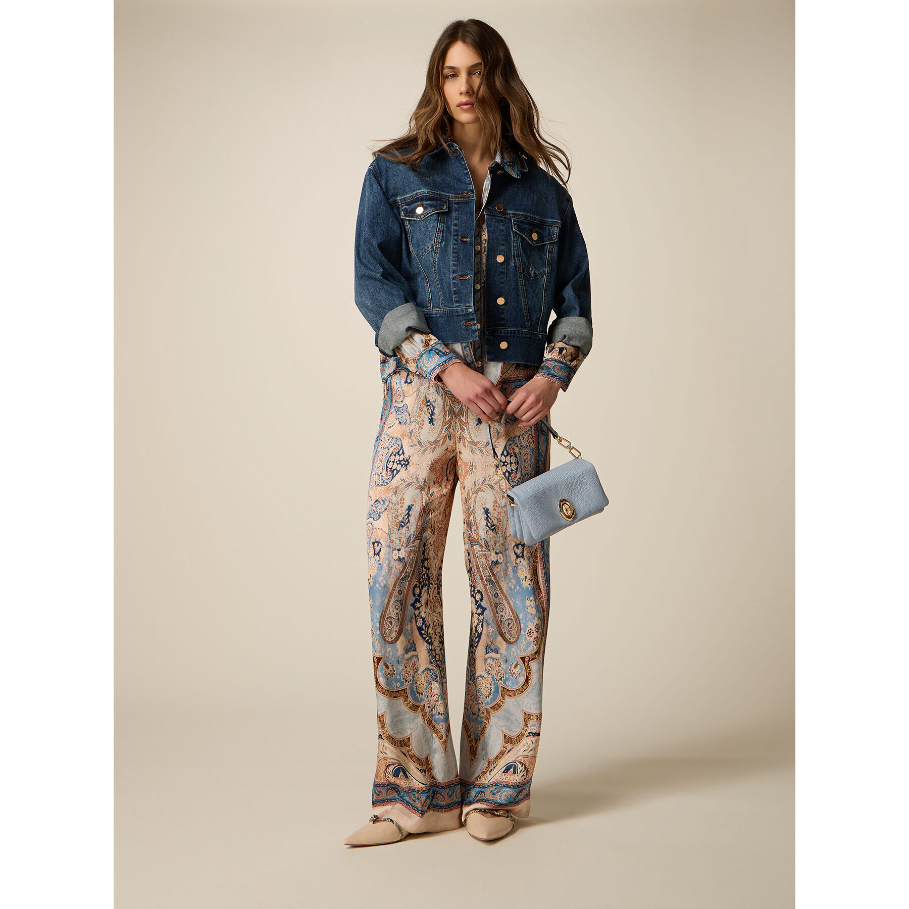 Oltre - Pantalones palazzo de satén estampado - Light - blue