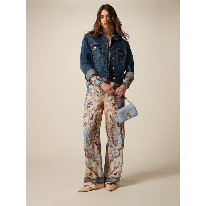 Oltre - Pantalones palazzo de satén estampado - Light - blue