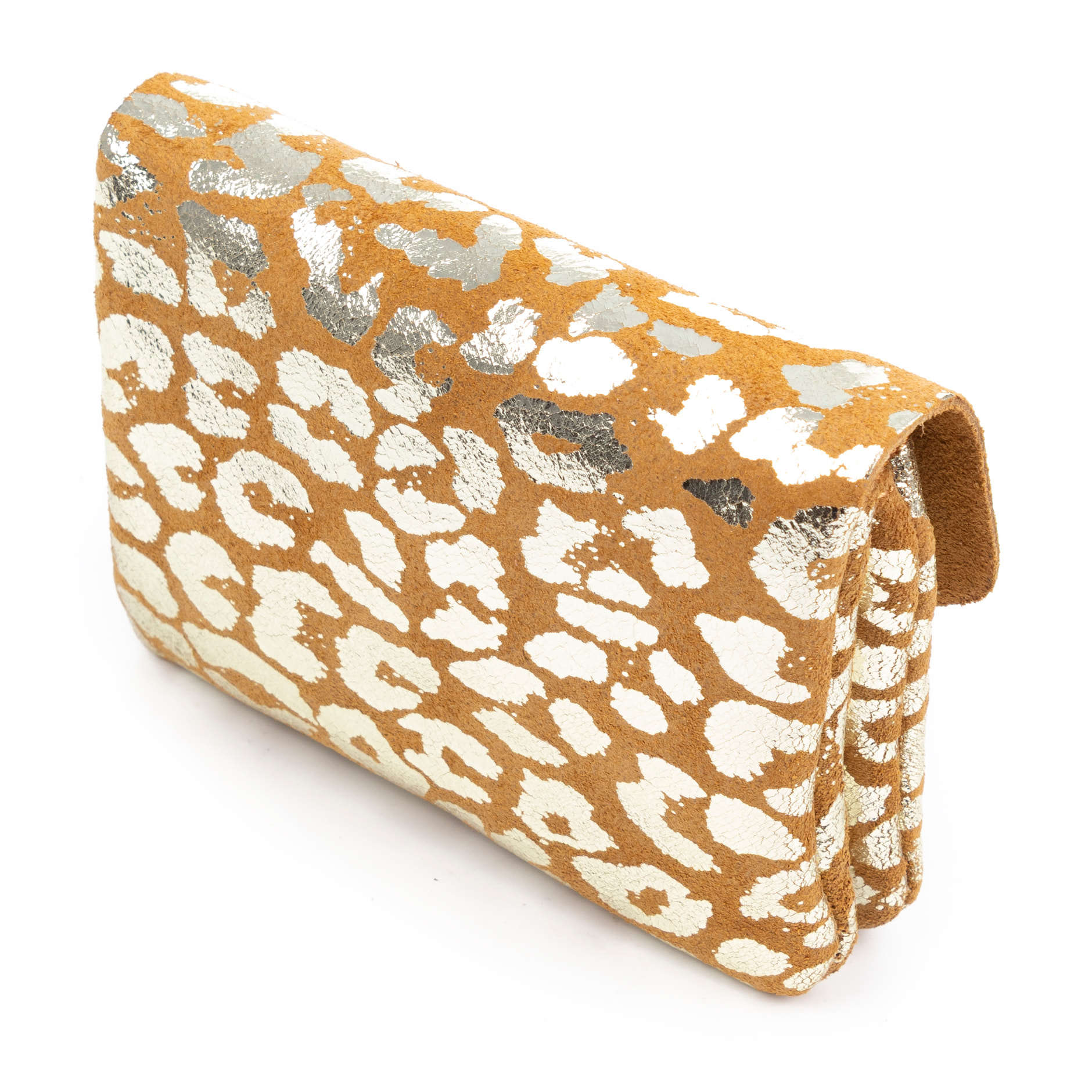 Alpignano portafoglio donna. Pelle scamosciata autentica, design in stampa animale leopardato, laccato lucido.