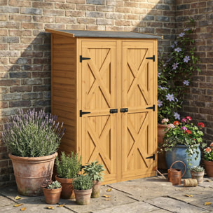 Abri de rangement  2 portes 2 étagères - toit incliné - bois - marron