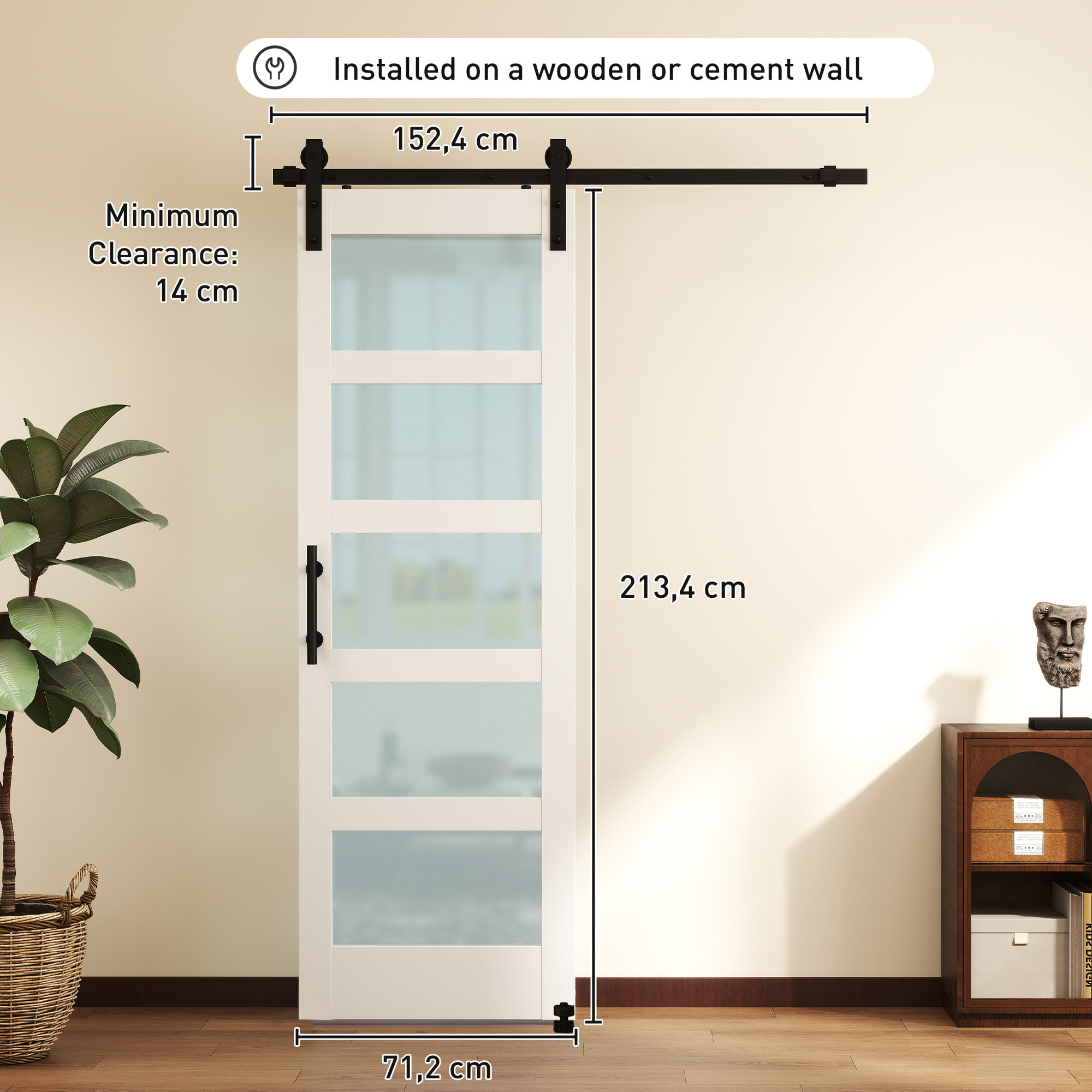Puerta Corredera con Herrajes 71x213 cm, Puerta Corredera Interior de MDF y Vidrio Esmerilado con Rodillo, Riel, Guía de Suelo, para Baño, Salón, Sala de Estar, Blanco