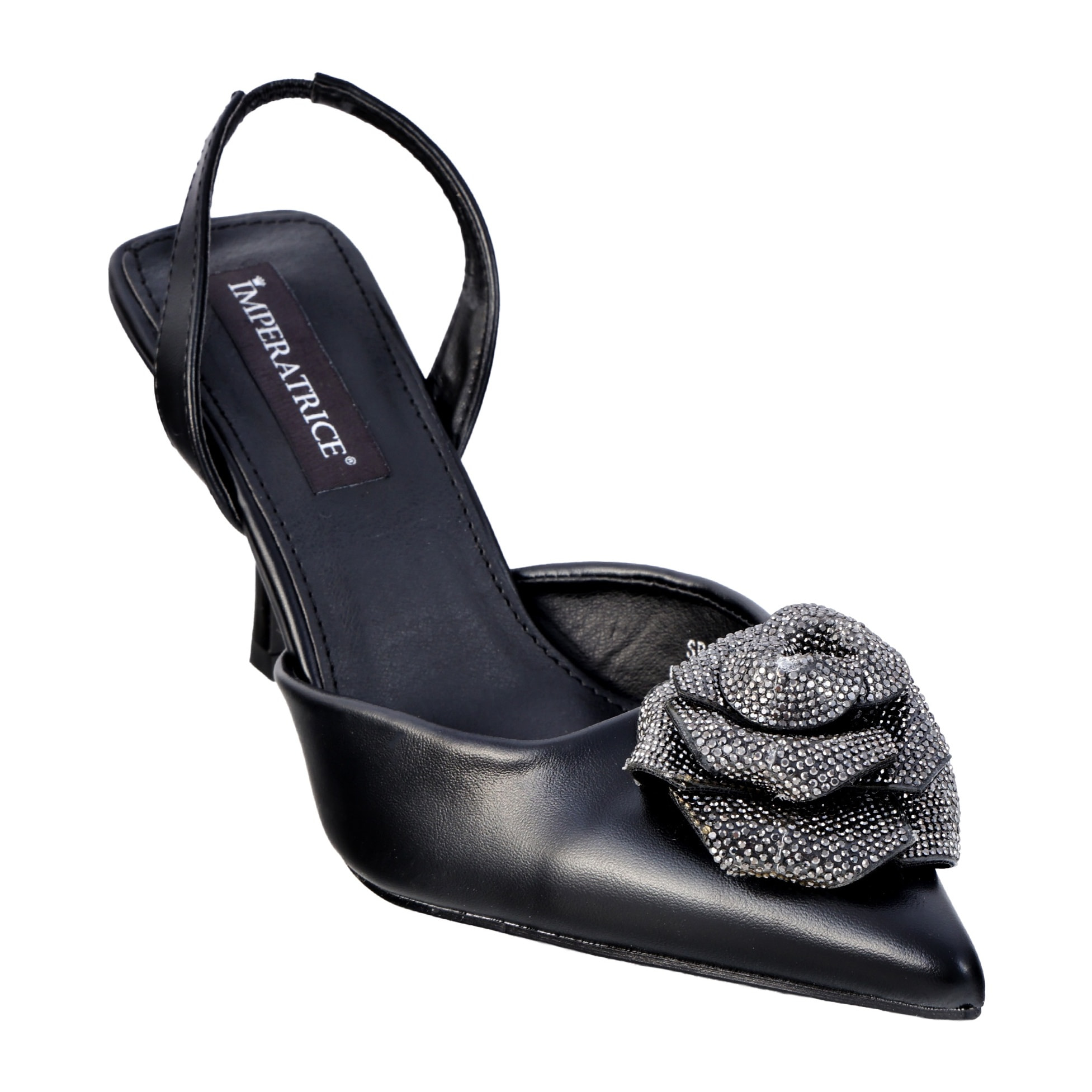 Decolletè in simil pelle con applicazione e tacco verniciato