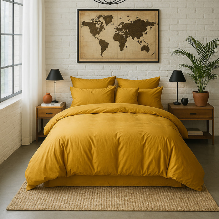 Housse de couette percale de coton jaune moutarde