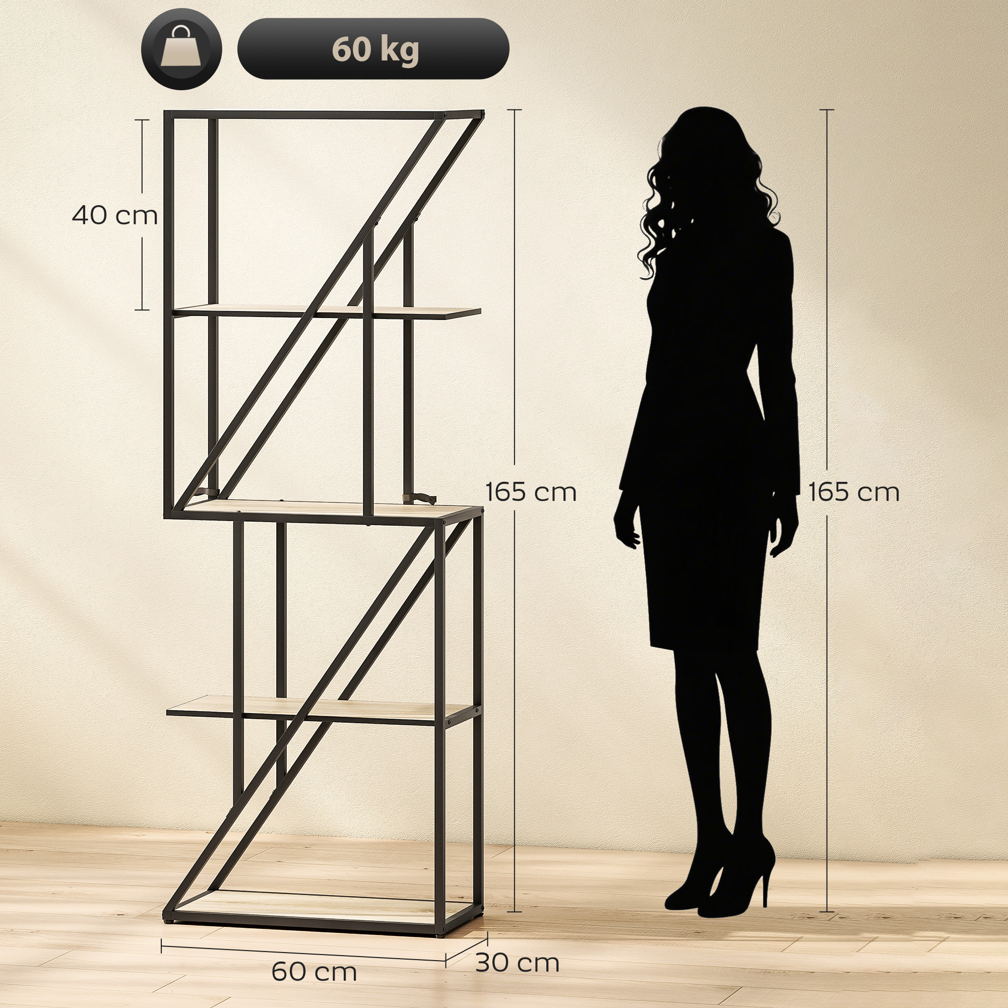 Librería de 5 Niveles, Estantería para Libros Industrial con Estantes Abiertos y Marco de Acero Entrecruzado, para Salón, Dormitorio, Oficina, 60x30x165 cm, Roble