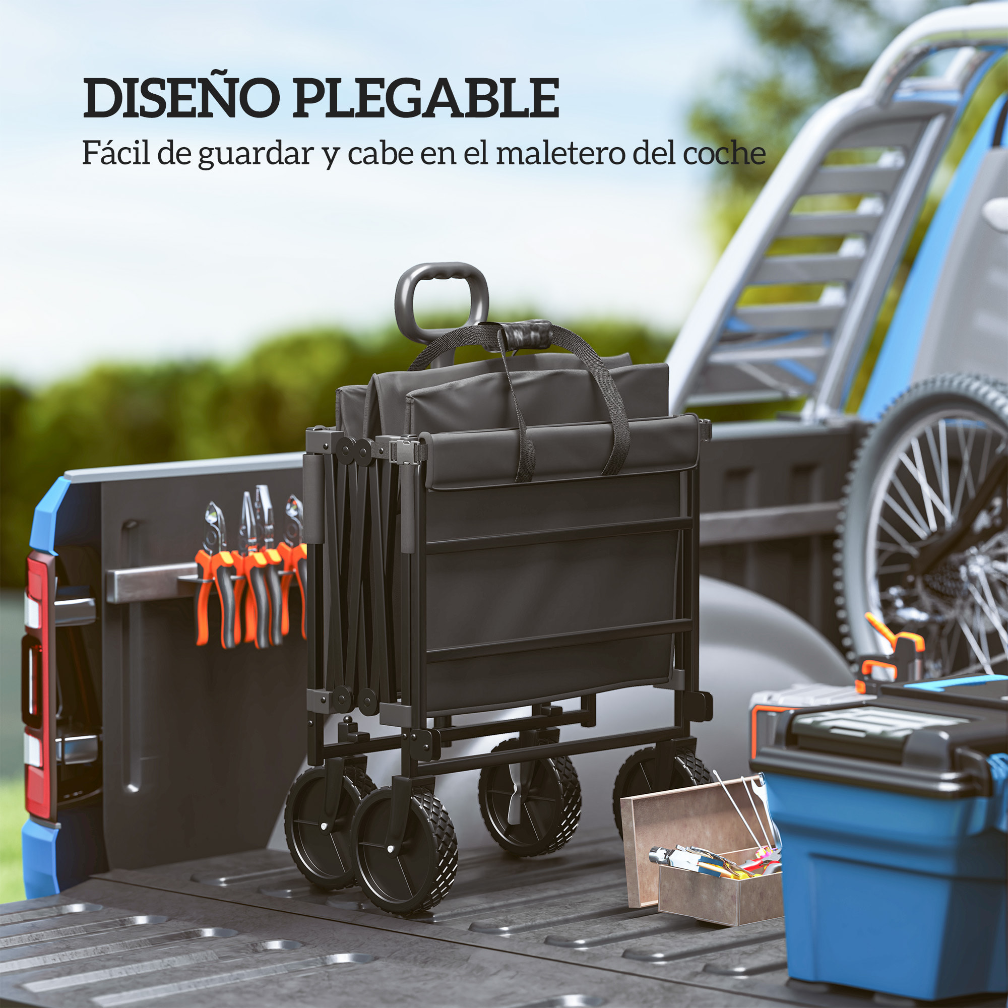 Carro Playa Ruedas Grandes Carro de Jardín Plegable con Mango Telescópico Ajustable Puerta Trasera Expandible Carga 100 kg Carrito Transporte para Todo Terreno Jardín Campaña Compra Negro